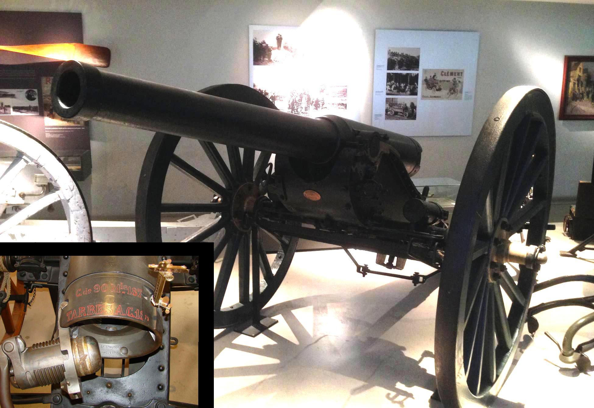 Фотография: 90-мм пушка обр. 1877 года (де Банжа) из французского музея артиллерии. Общий вид, а также устройство затвора и прицела