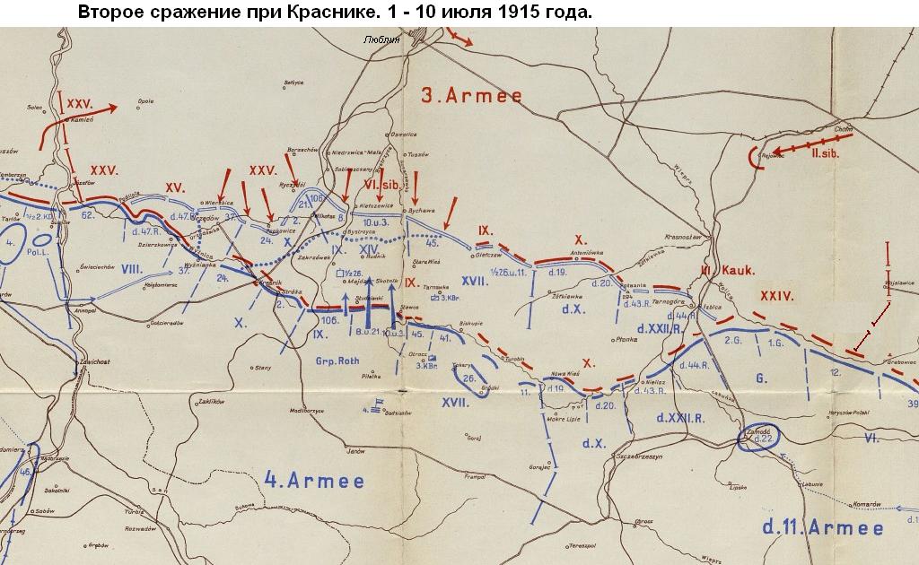 Схема второго сражения при Краснике, 1 - 10 июля 1915
