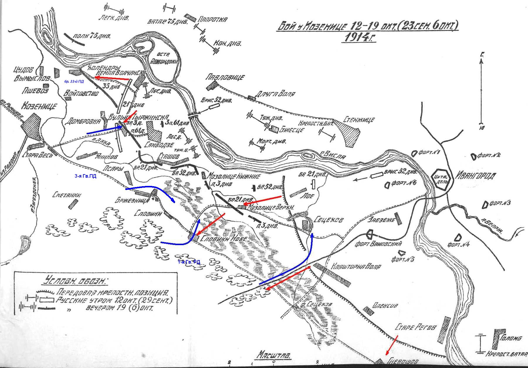 Схема Козеницкого плацдарма в период боев 12 - 19 октября 1914