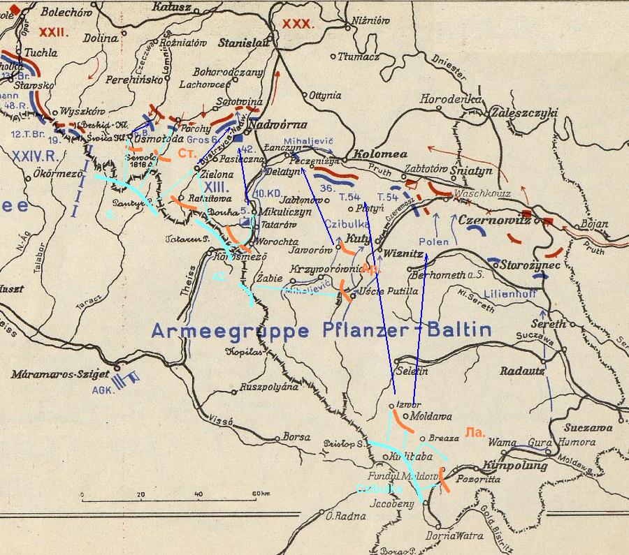 Схема наступления Группы Пфланцер-Балтина в Буковину на первом этапе Карпатской операции (28.01. - 15.02.1915)
