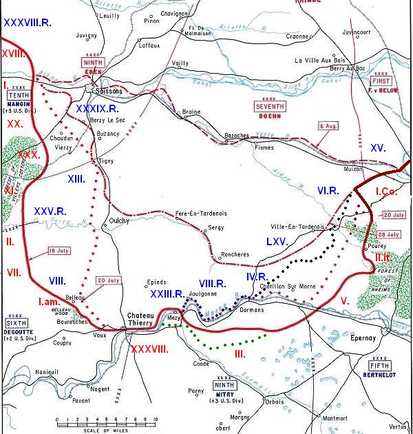 Схема западной части Второй битвы на Марне (15.7 - 6.8.1918)