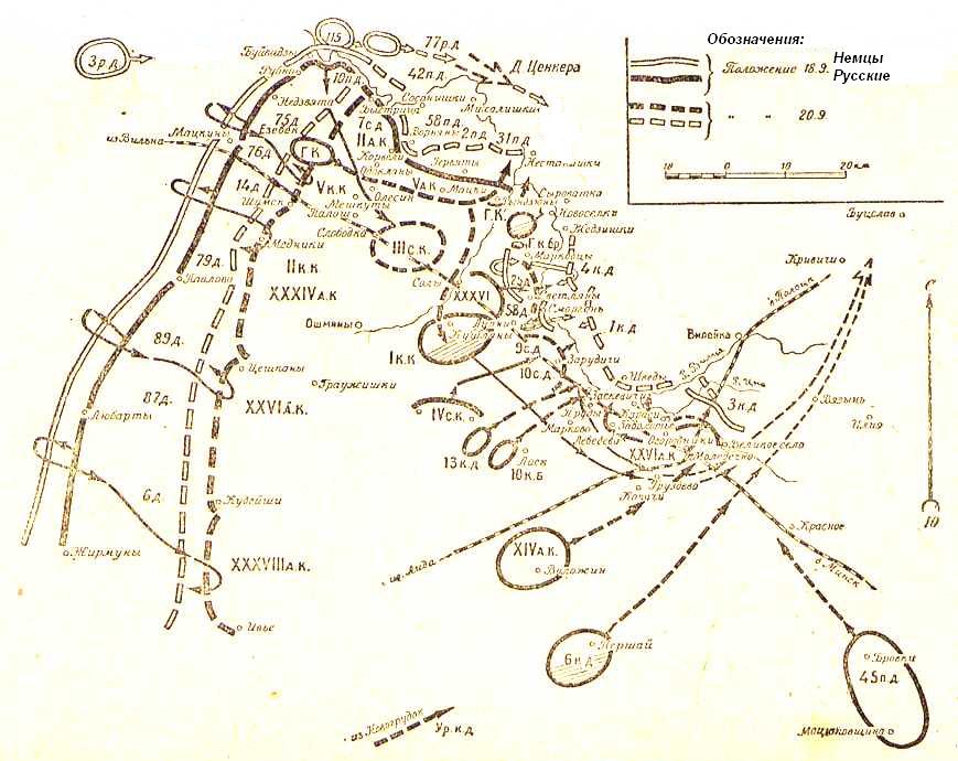 Схема сражения на реке Вилия и отхода из Вильно 18 - 20 сентября 1915 года.