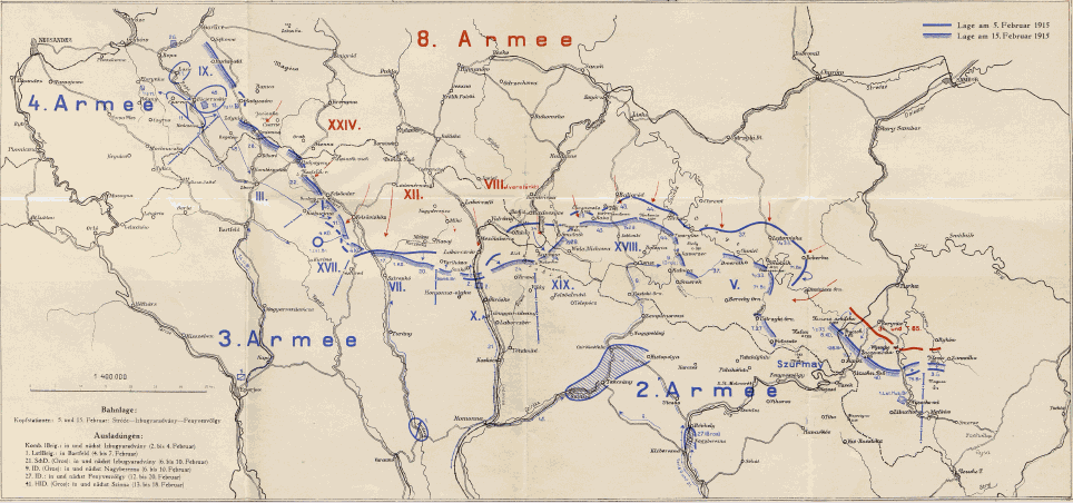 Положение достигнутое в середине и в конце 1-го наступления русских во время Карпатской Зимы (26.01. - 15.02.1915)