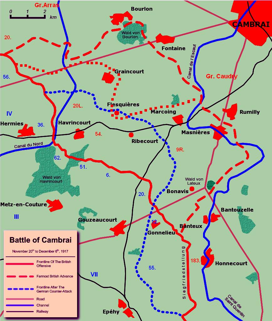 Схема наступления британцев во время Сражения при Камбрэ (20.11 - 29.11.1917)