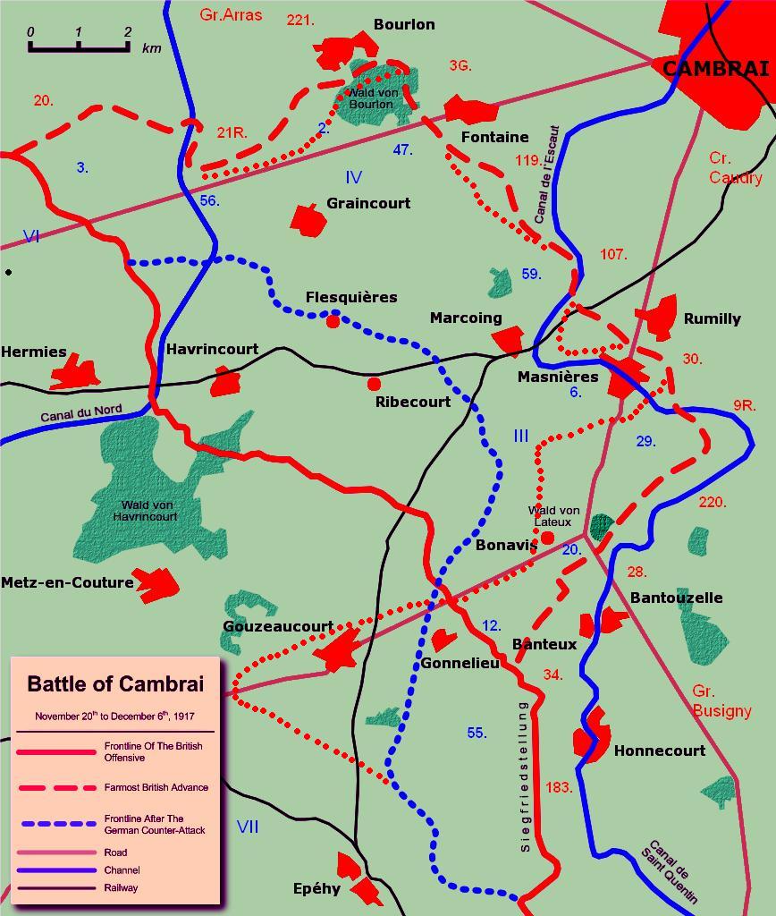 Схема германского контрнаступления во время Сражения при Камбрэ (30.11 - 6.12.1917)