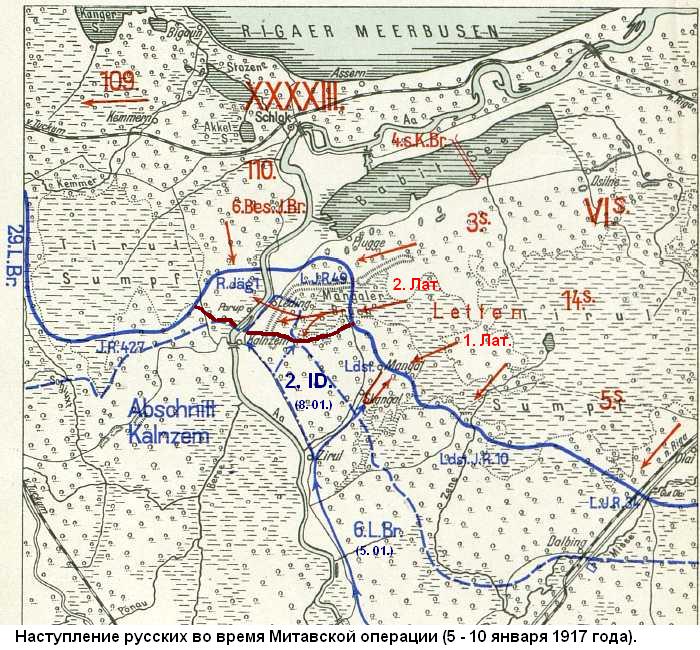Схема наступления русских в начале Митавской операции 5 - 10 января 1917 года