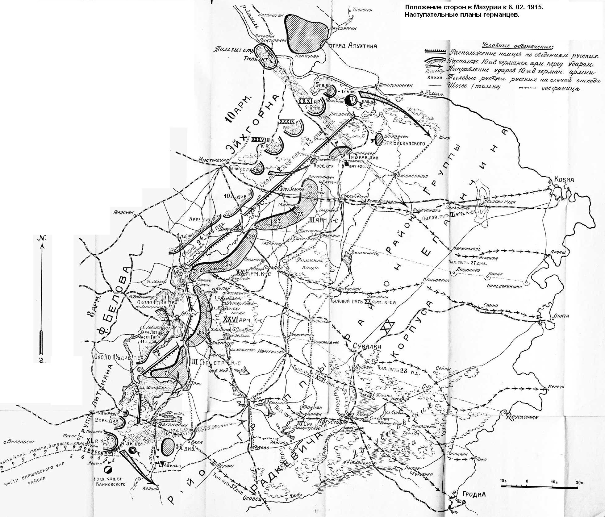 Схема положения сторон перед началом Мазурского сражения 1915 года