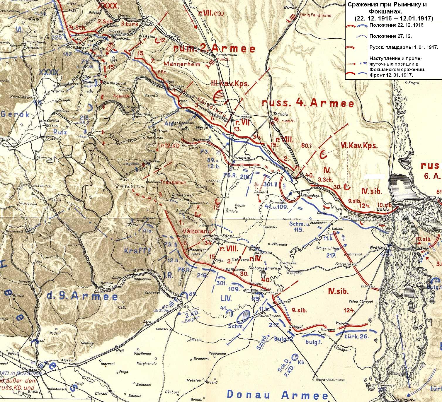Схема сраженией при Рымнике и при Фокшанах в конце Румынской кампании 1916 года
