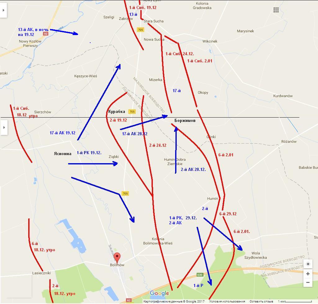 Схема формирования Болимовского мешка в декабре 1914, оборона Бзуры и Равки