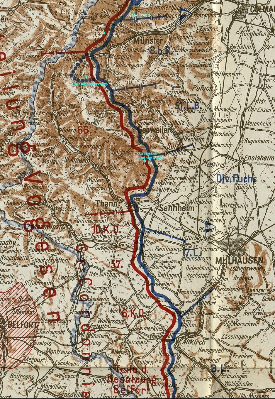 Положение сторон в Верхнем Эльзасе и в Вогезах на 15 март 1915 г.