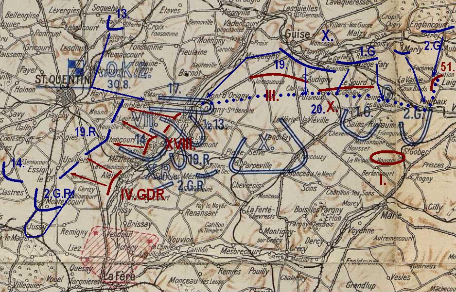 Схема сражения при Сен-Кентене, Гюизе во время летней кампании 1914 года, действия 29 и 30 августа