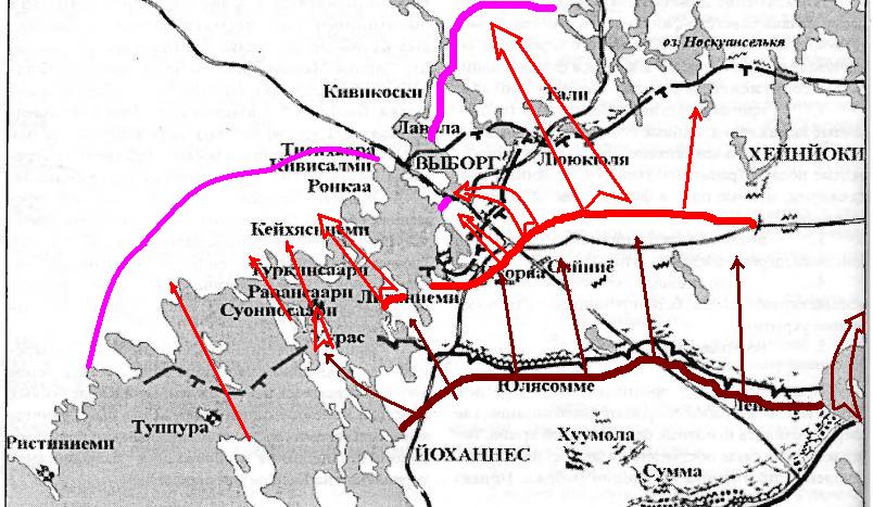Сжема Выборгской операции февраль - март 1940. Наступление и оборонительные рубежи.